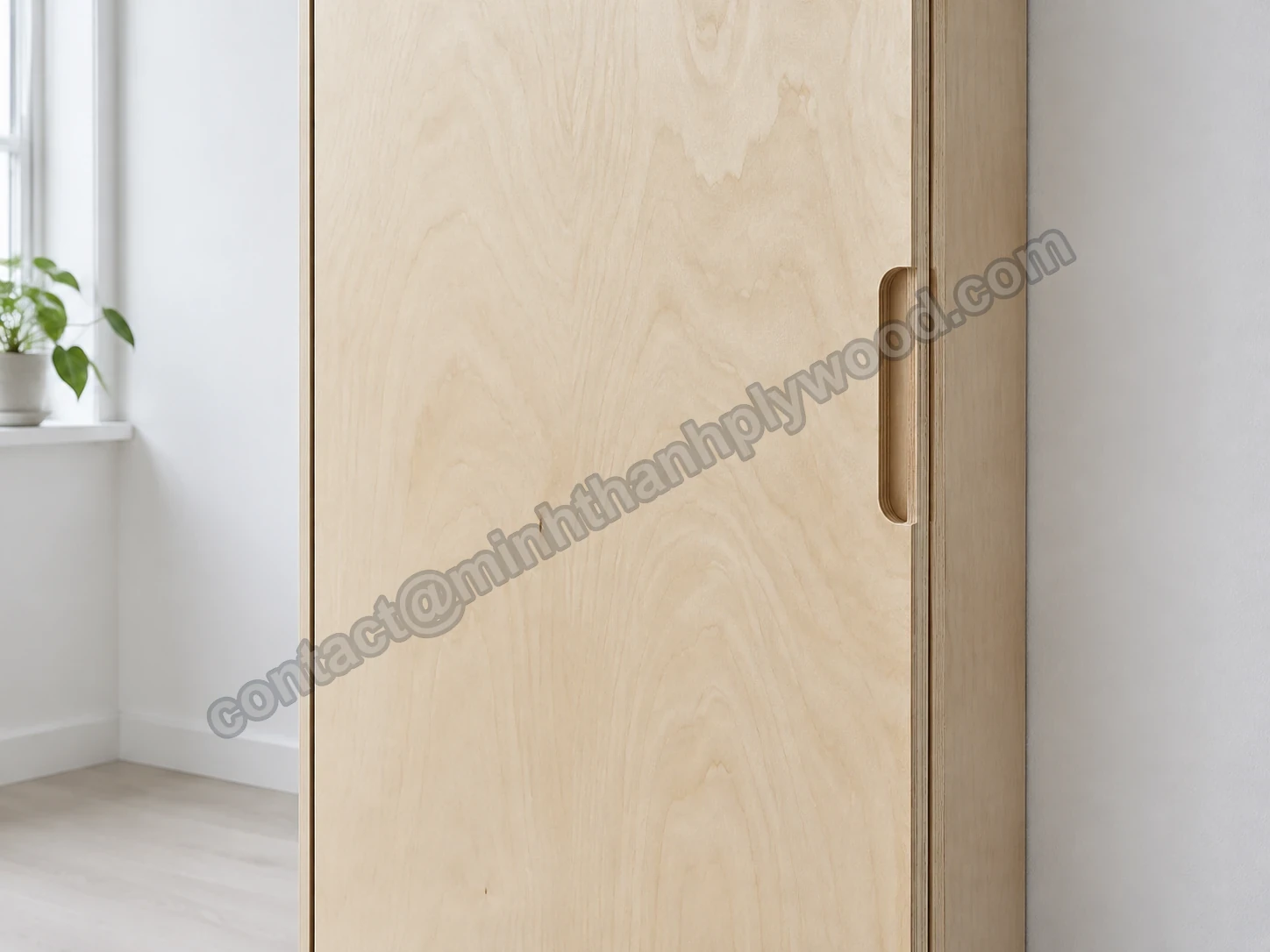 Clear-finished plywood cabinet door with visible grain and a recessed edge pull