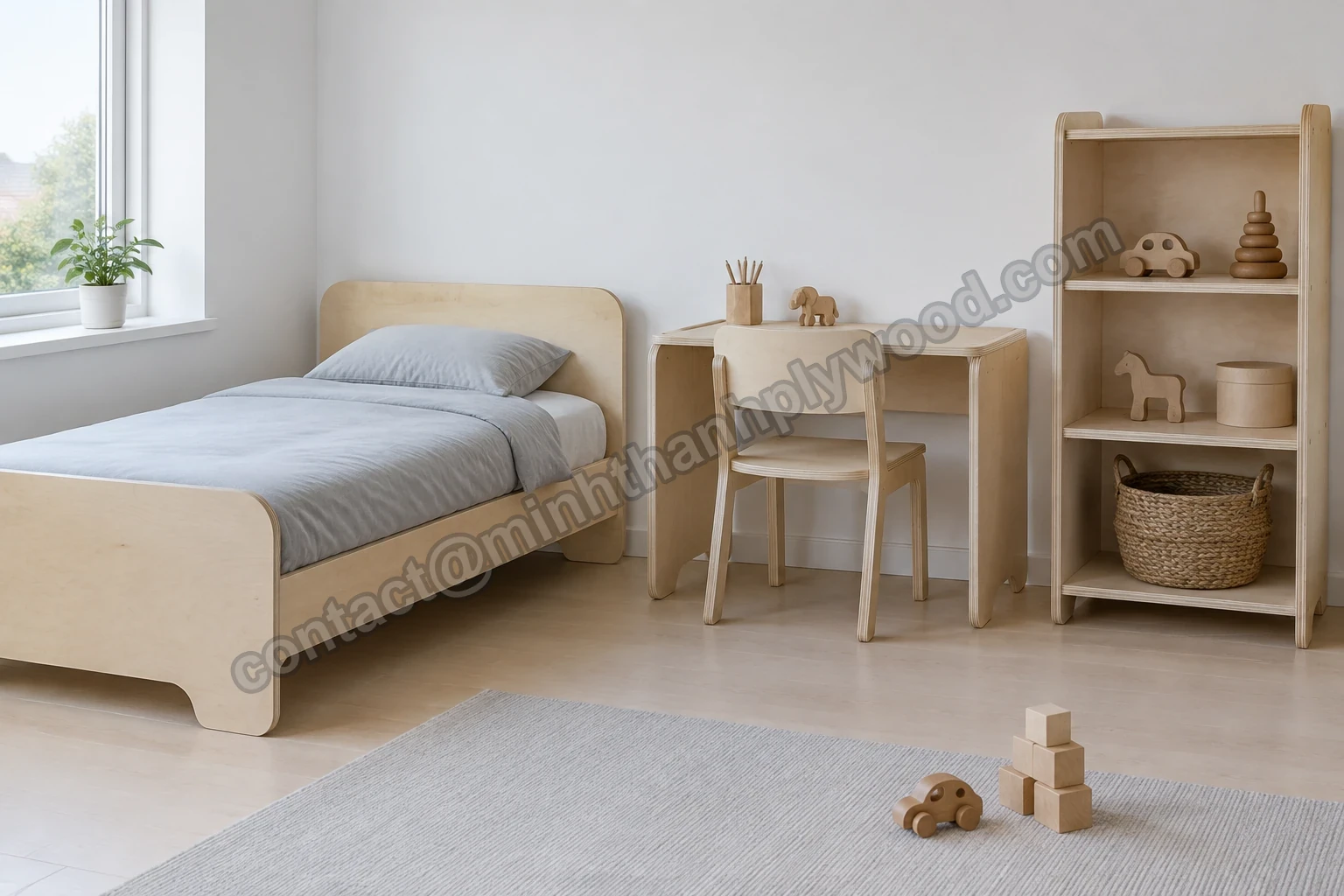 Cameretta con letto, scrivania, sedia e scaffalature in compensato di betulla, bordi arrotondati e giocattoli in legno sui ripiani