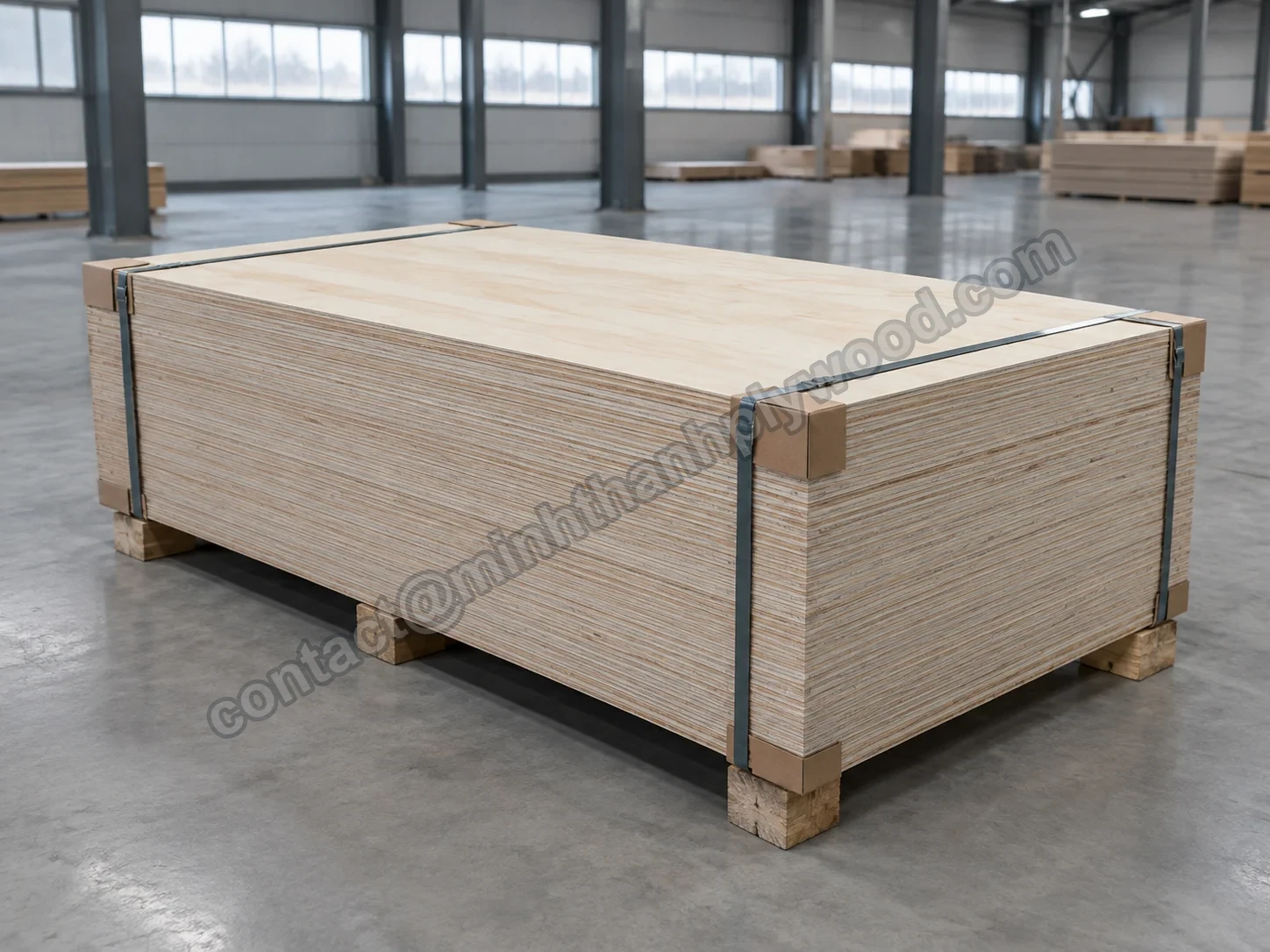 Multiplexexportpakket op houten balken met karton, hoekbeschermers en stalen banden in een fabriekshal