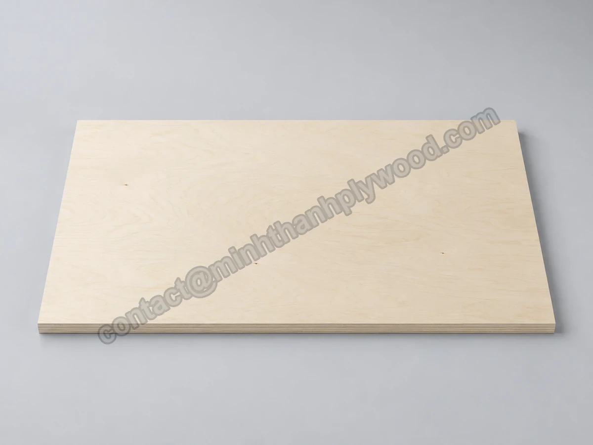 Single birch-faced plywood panel on a light grey background, pale uniform cream face with soft wavy grain and a few tiny pin knots