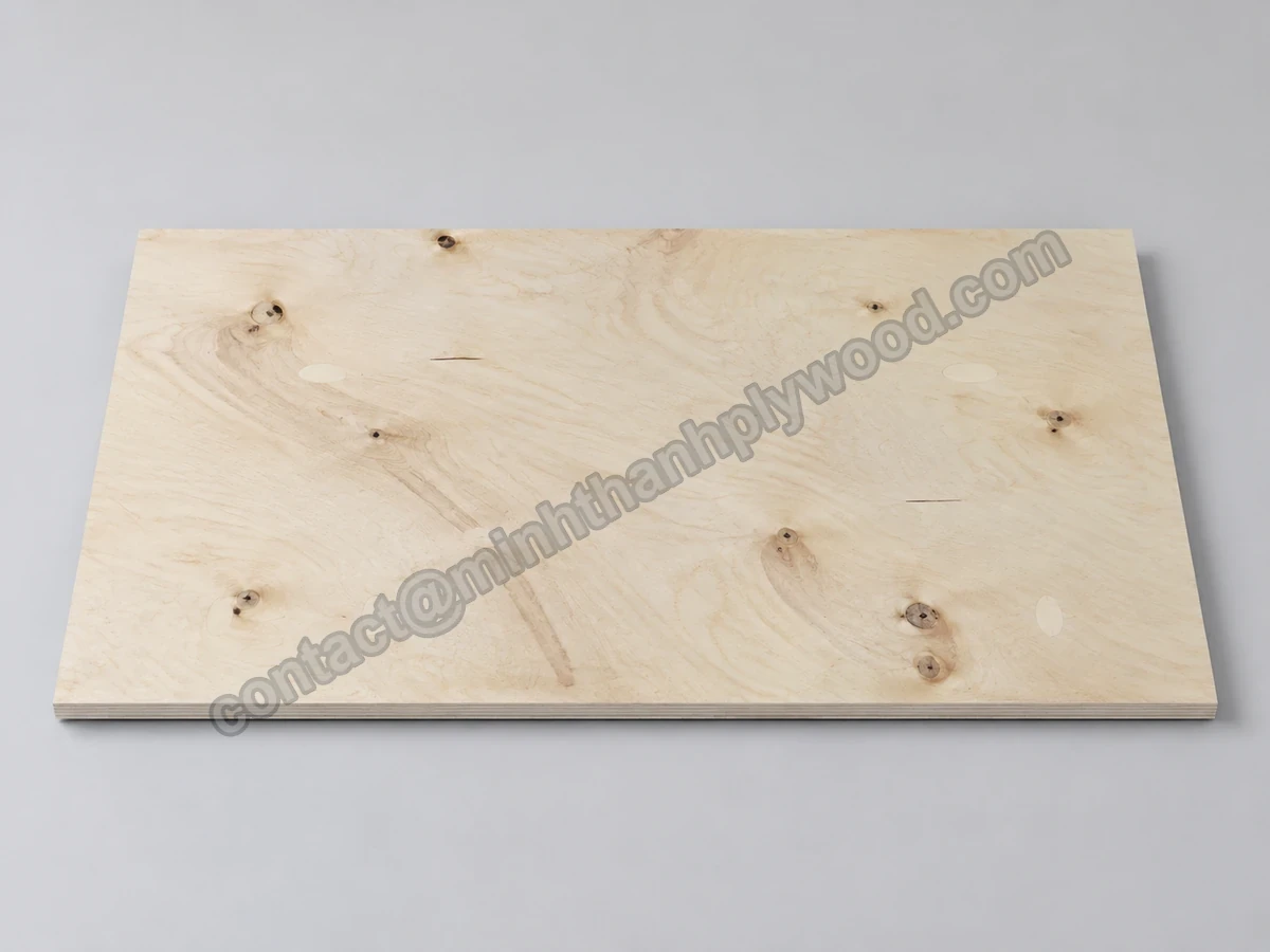 Birch-faced plywood panel with darker streaks, several knots, oval patches and short closed splits