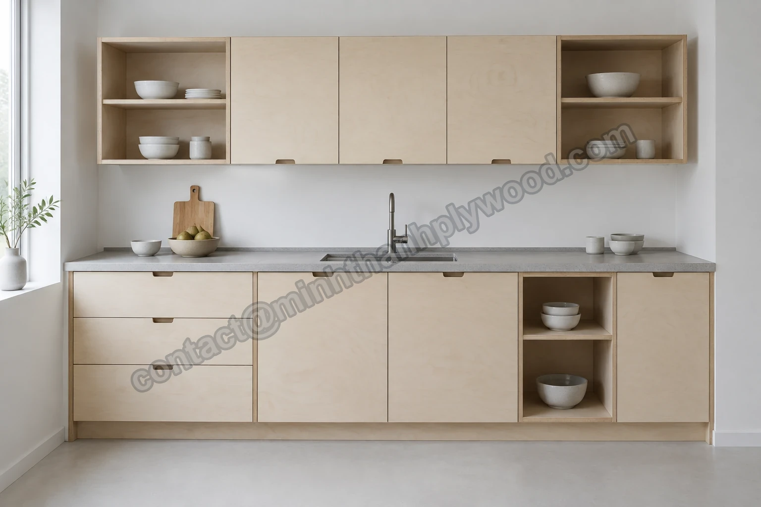 Cucina con ante, cassetti e strutture aperte in compensato di betulla, bordi stratificati a vista sotto un piano in pietra grigio chiaro