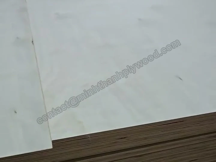 Pale birch face and layered core edge of a plywood sheet on a pack