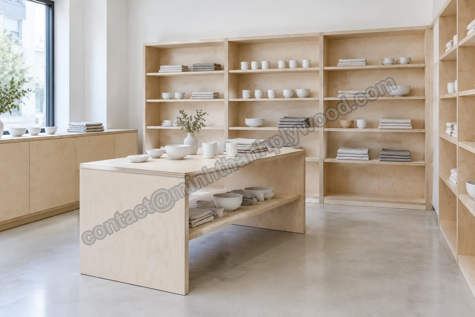 Negozio essenziale con scaffalature, tavolo espositivo e basso bancone in compensato di betulla, con ceramiche e tessuti in lino esposti