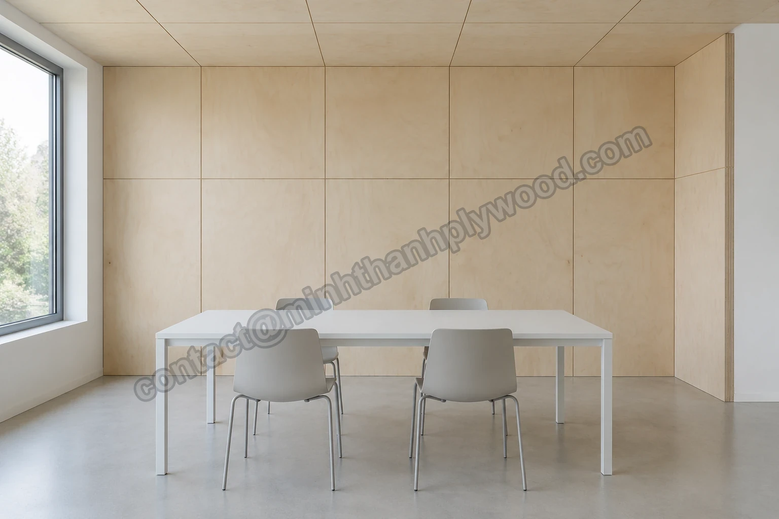 Sala riunioni con pareti e soffitto rivestiti in pannelli di compensato di betulla disposti a griglia con fughe strette, tavolo bianco e sedie grigie