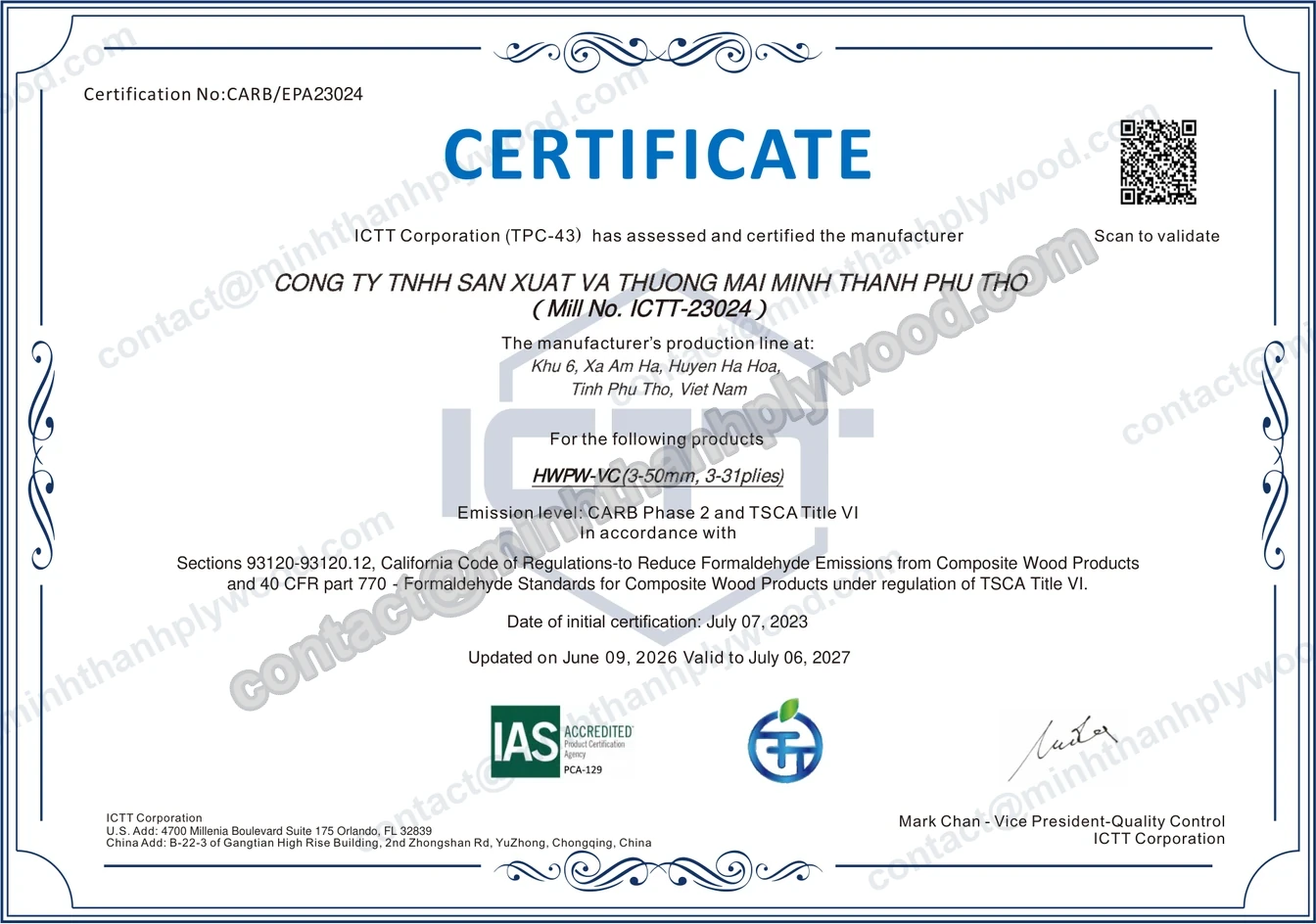 CARB P2 and TSCA Title VI certificate for Minh Thanh Plywood, ICTT mill number 23024