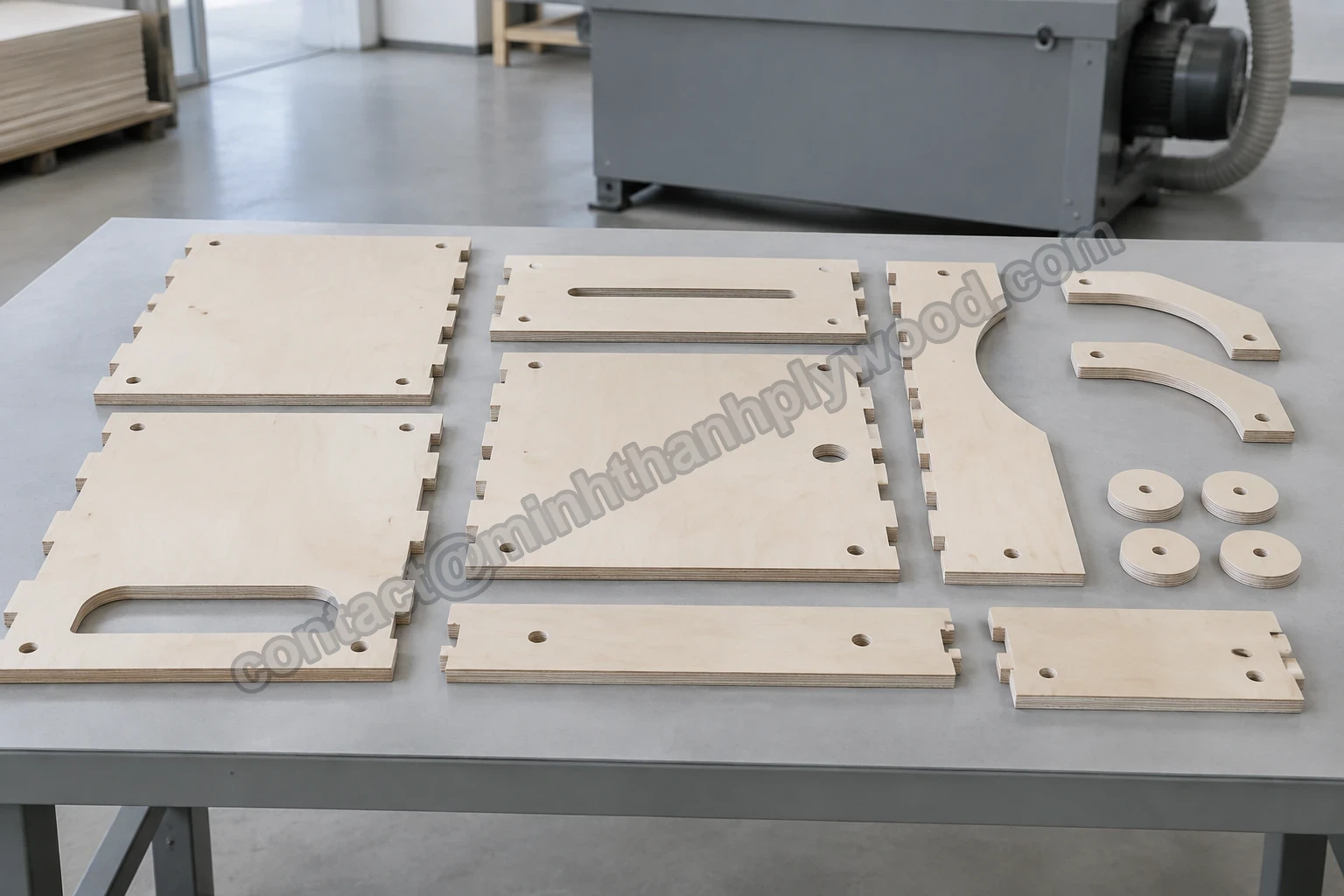 Componenti in compensato di betulla tagliati CNC su banco grigio: pannelli con incastri a pettine e fori, staffe curve e dischi