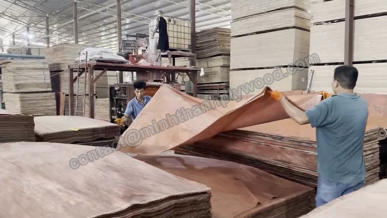 Workers handling broad face veneers beside prepared material