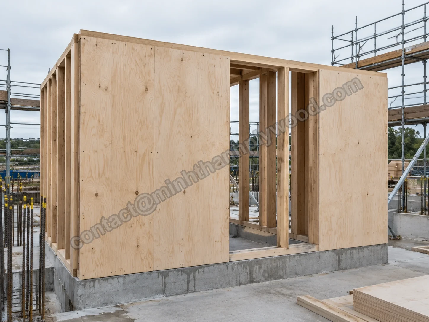 Ongecoate multiplexwandpanelen op een houten frame.