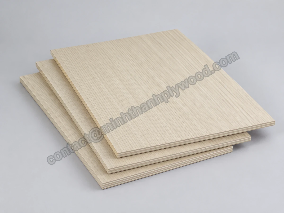 Three fanned plywood panels with identical straight-grain light oak-look engineered veneer faces and layered edges