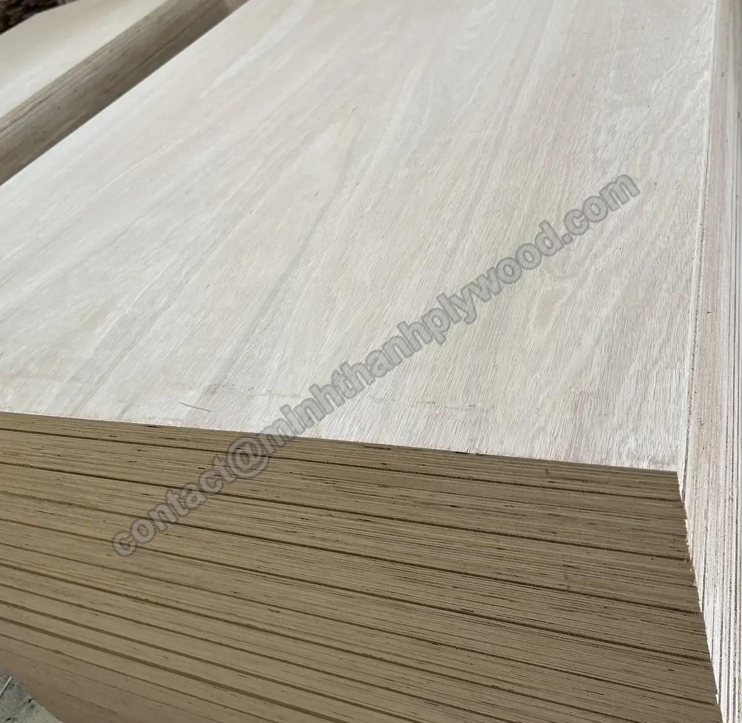 Chant stratifié d’un colis à parements d’eucalyptus sous un placage clair, joints de placages visibles