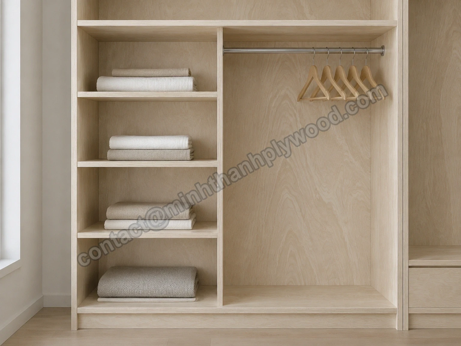 Armoire ouverte en contreplaqué avec serviettes pliées, étagères et tringle