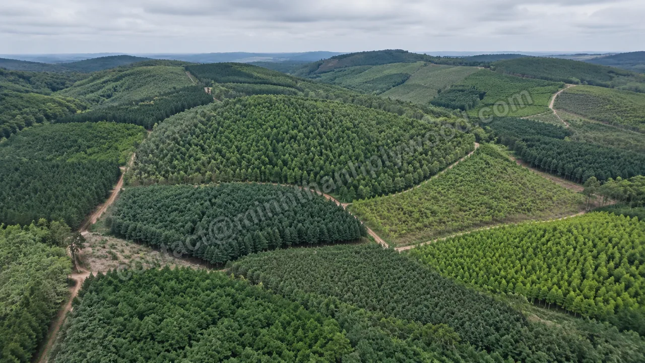 Blocs d’arbres plantés sur des collines, montrant l’origine de plantation des âmes du contreplaqué