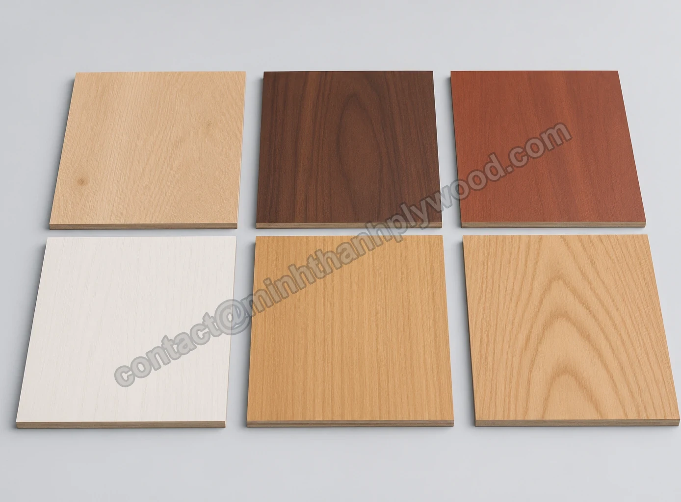 Zes EV-fineermonsters in licht eiken, noten, roodbruin, wit, goudkleurige rechte nerf en dosse