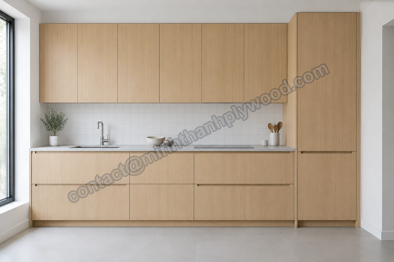 Keuken met hoge deuren en ladefronten van licht eikenlook EV-multiplex