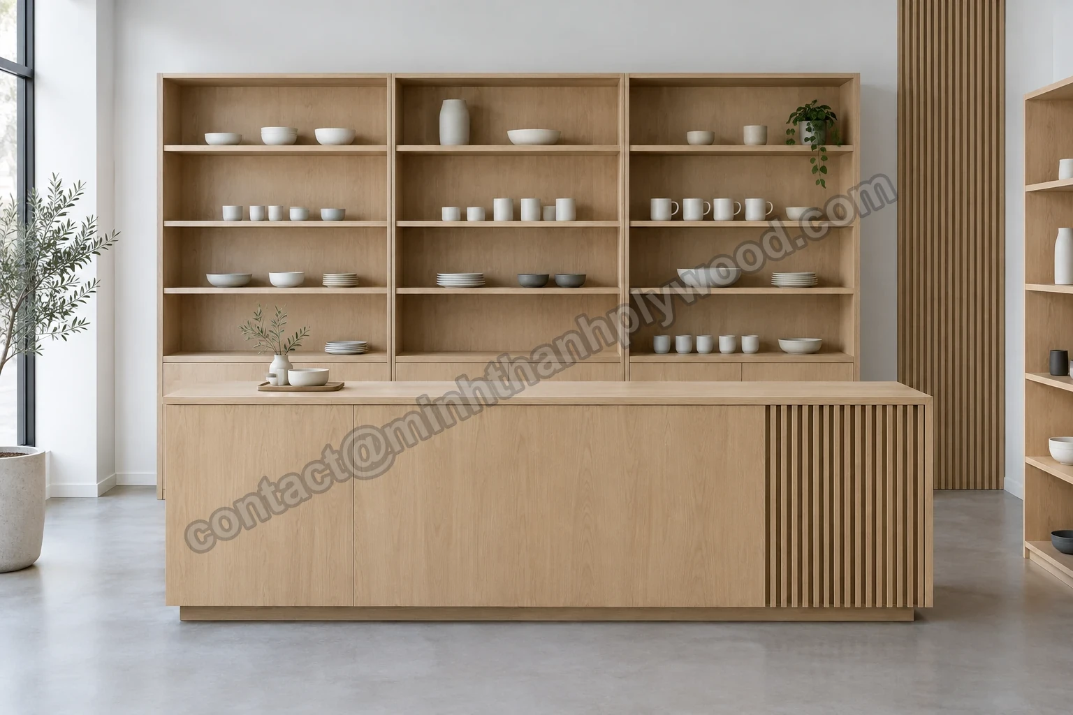 Winkel met open legplanken, toonbank en lattenpanelen in eikenlook EV