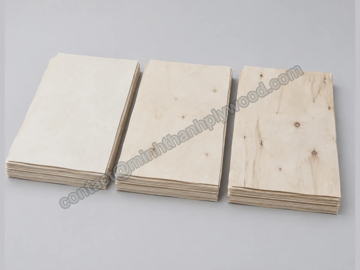 Three stacks of thin birch face veneer sheets sorted by appearance, from clean pale sheets to sheets with knots and streaks