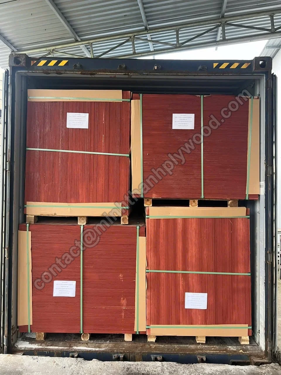 Four strapped red film-faced plywood packs filling a container to the door, photographed before sealing