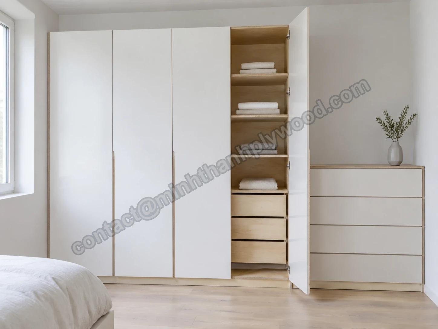 Armoire à façades claires et étagères ouvertes près d'un meuble à tiroirs