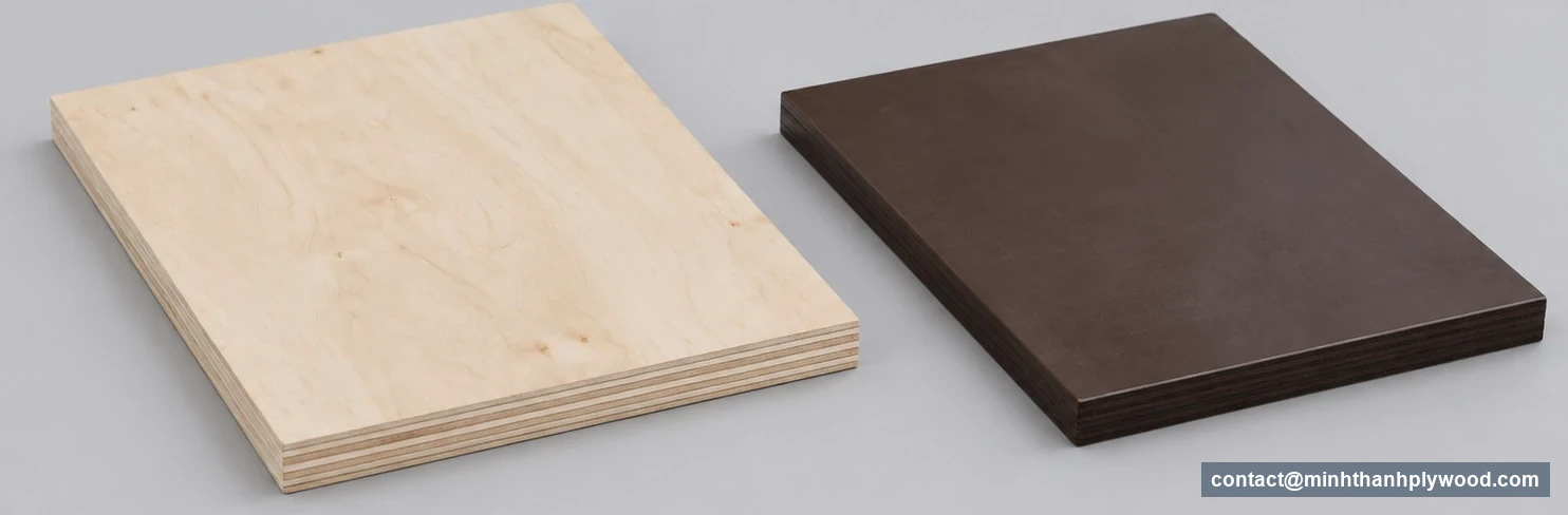 Plywood compliance: Is plywood waterproof: natural veneer and dark film-faced plywood samples with visible layered edges