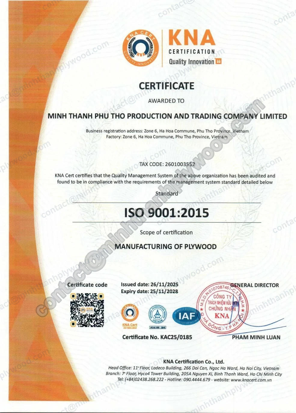 ISO 9001:2015 quality management certificate KAC25/0185 for plywood manufacturing