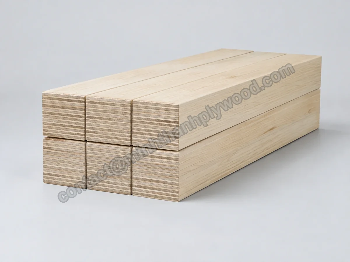 Pila di travi in legno microlamellare con strati di sfogliato paralleli a vista
