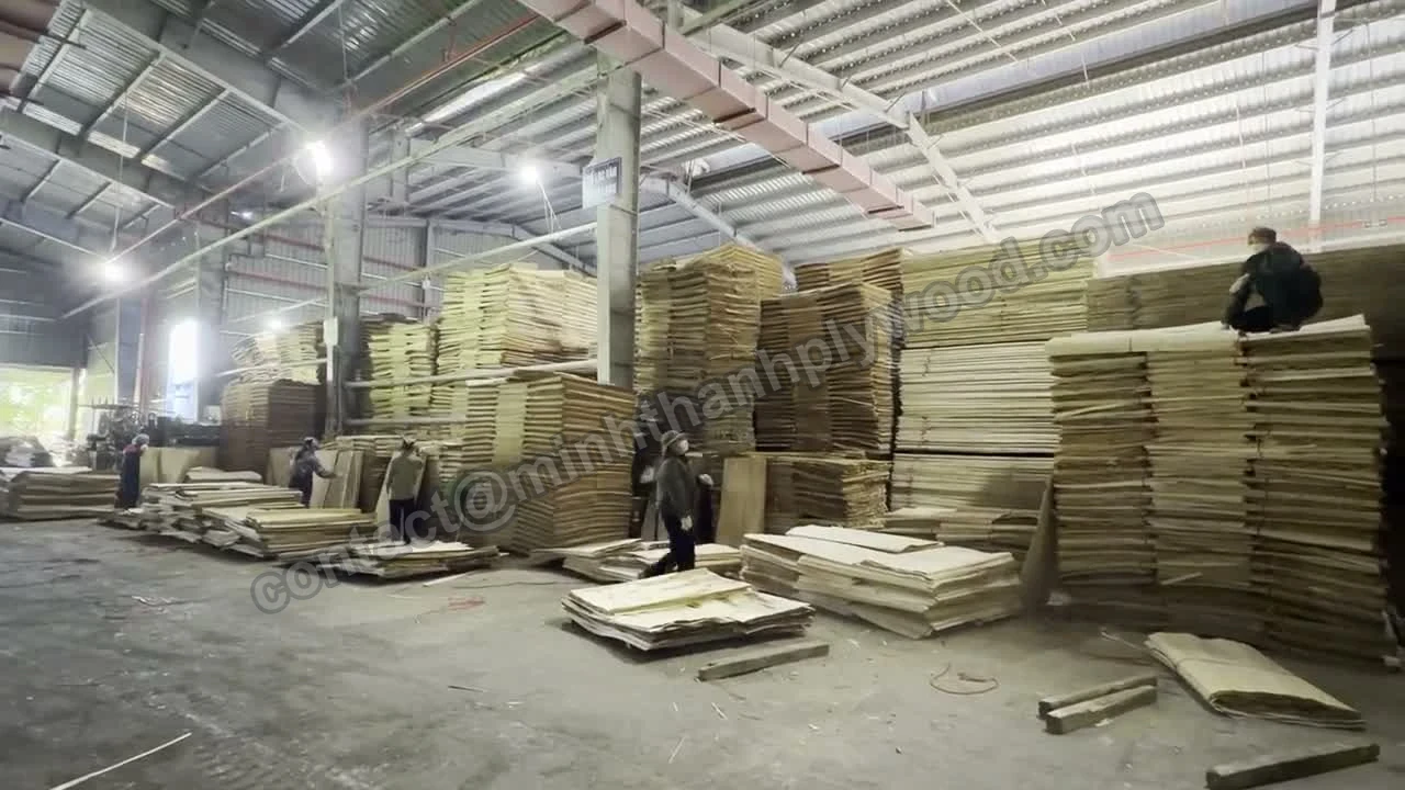 Ouvriers et piles de placages d’âme dans la zone de réception et de stockage de production