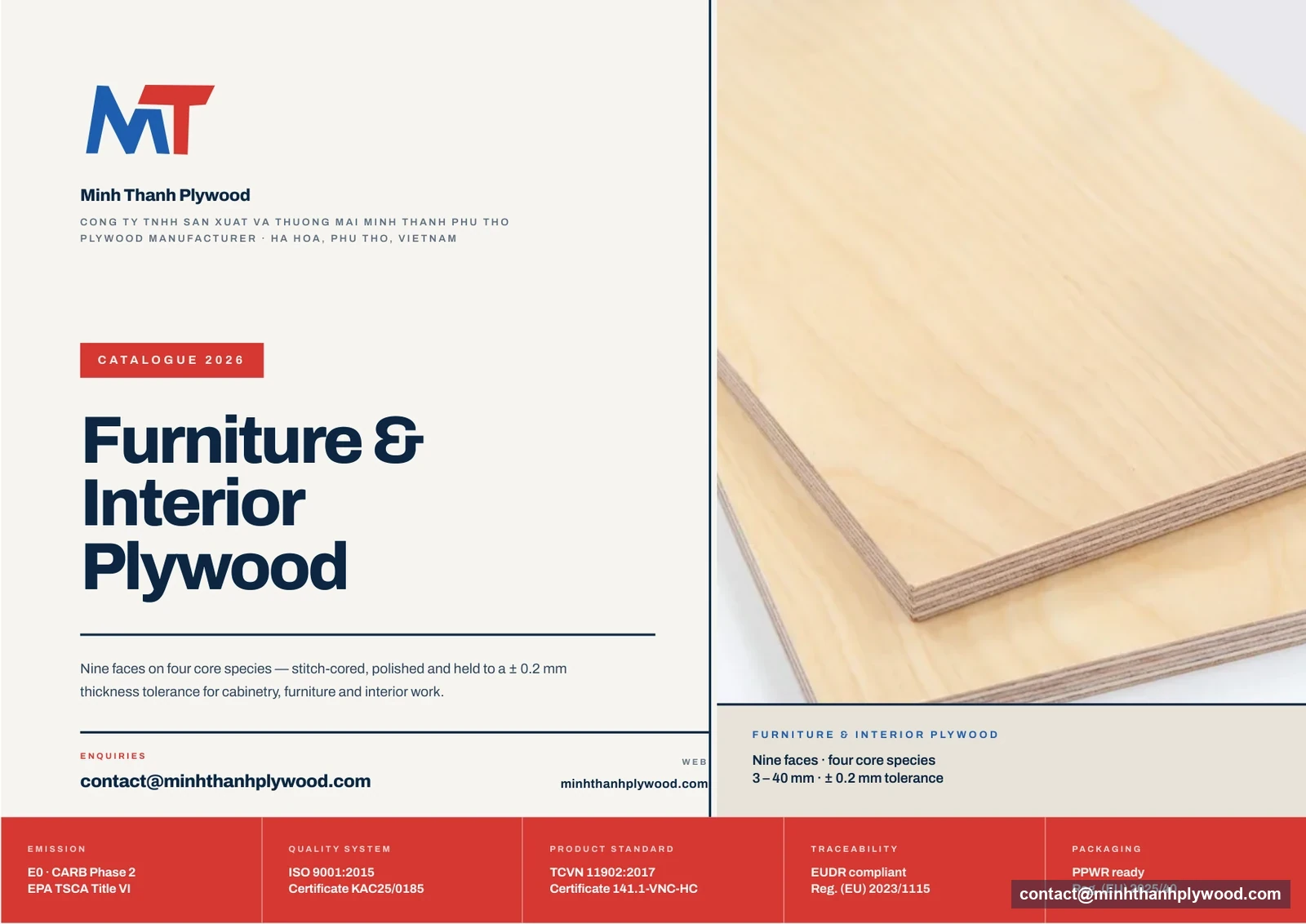 Cover of the Minh Thanh Plywood furniture and interior plywood catalogue 2026