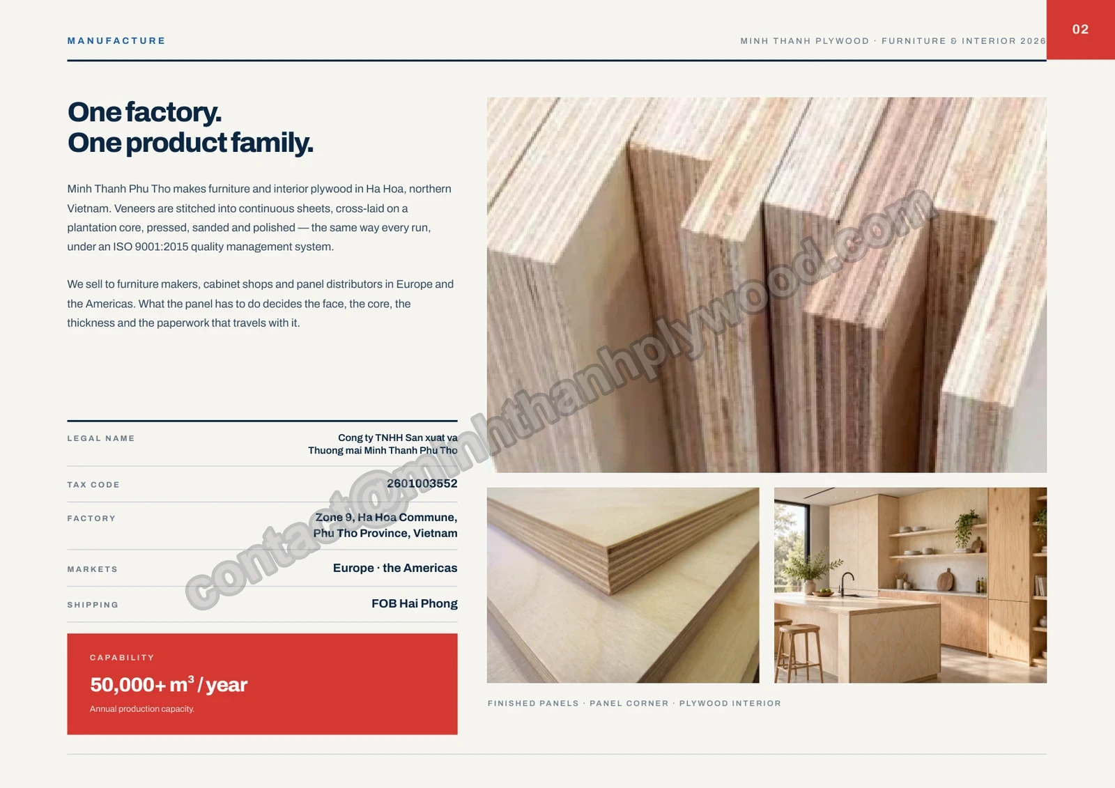 Page 2 of the Minh Thanh plywood catalogue 2026: manufacture