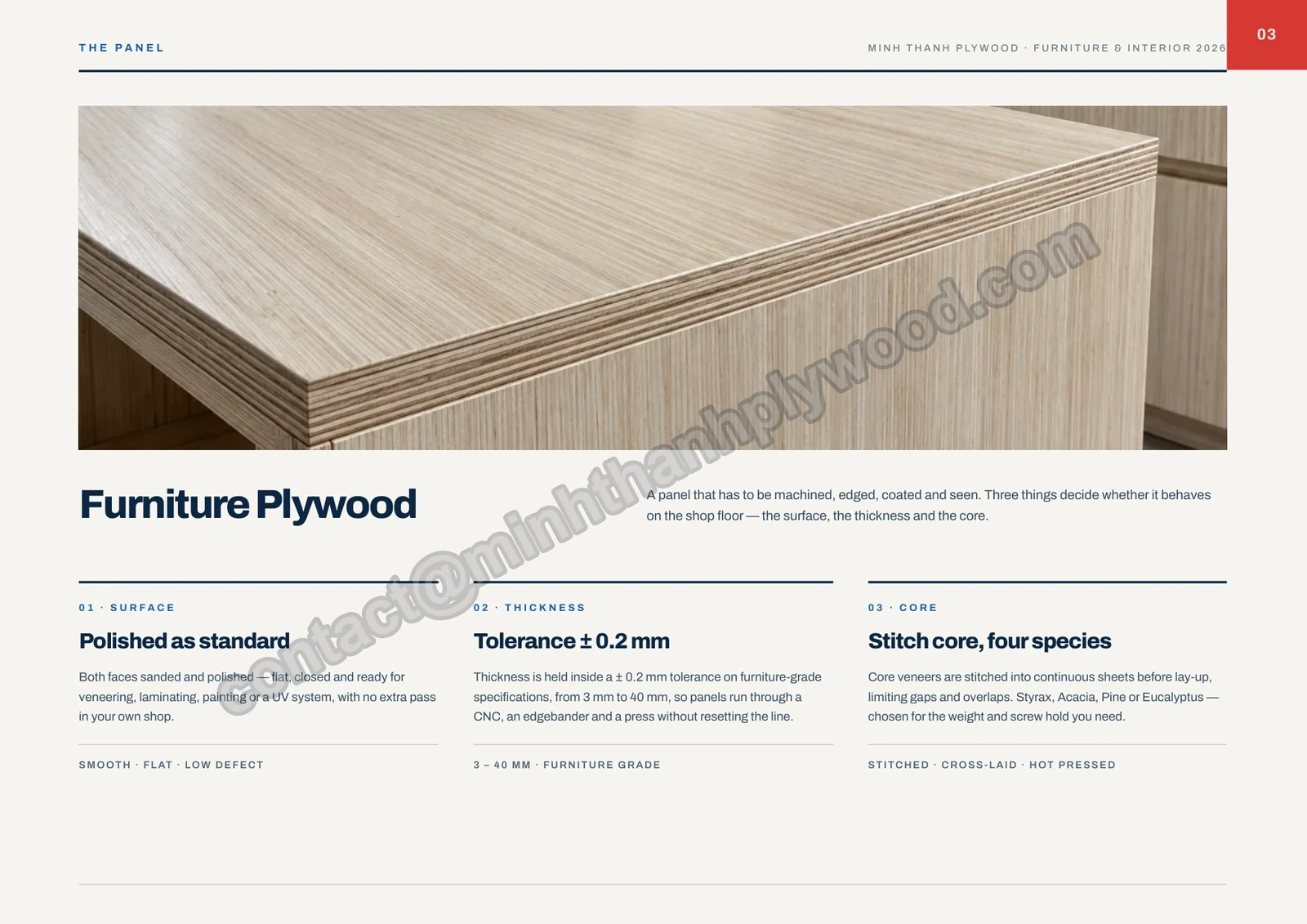 Page 3 of the Minh Thanh plywood catalogue 2026: the panel