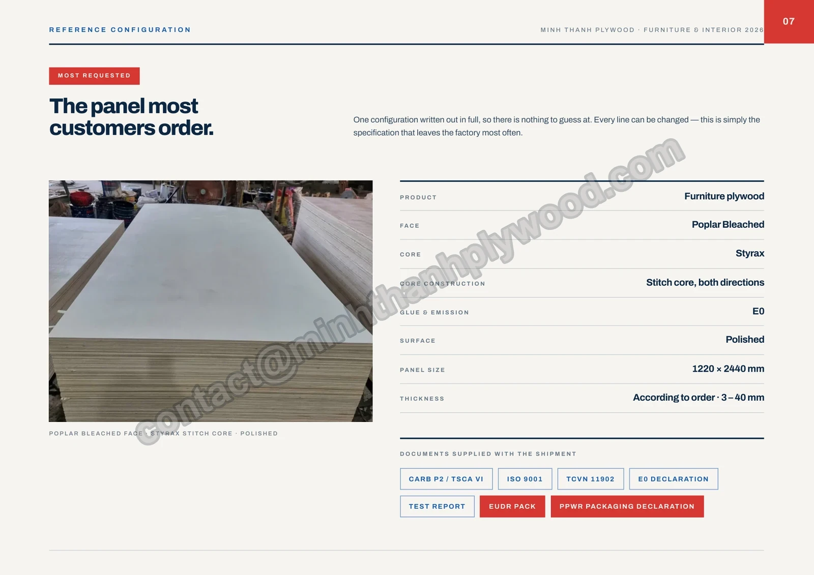 Page 7 of the Minh Thanh plywood catalogue 2026: reference configuration