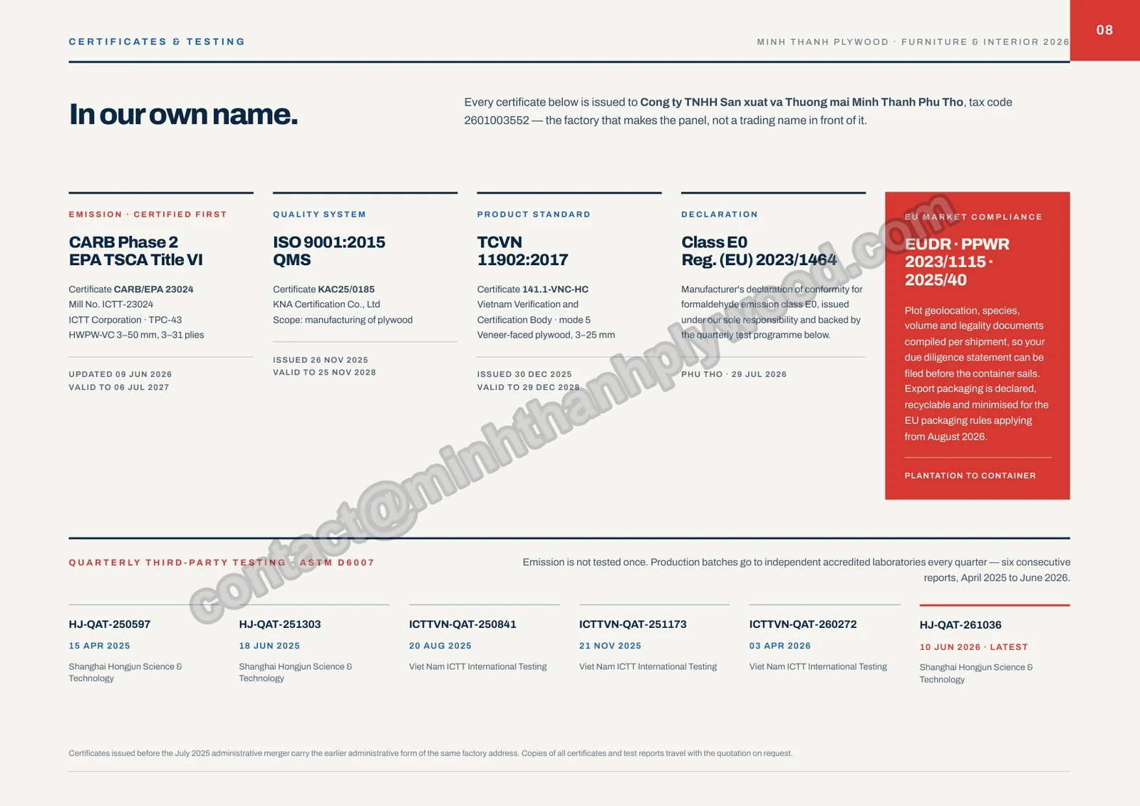Page 8 of the Minh Thanh plywood catalogue 2026: certificates & testing