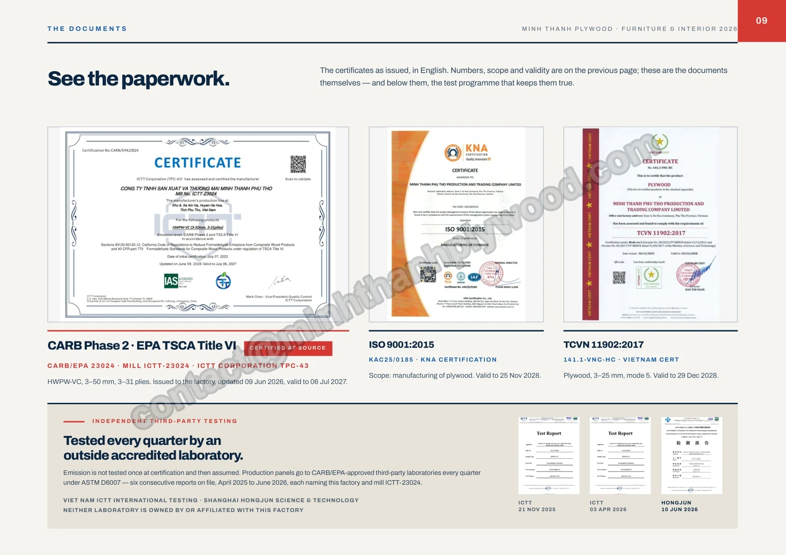 Page 9 of the Minh Thanh plywood catalogue 2026: the documents