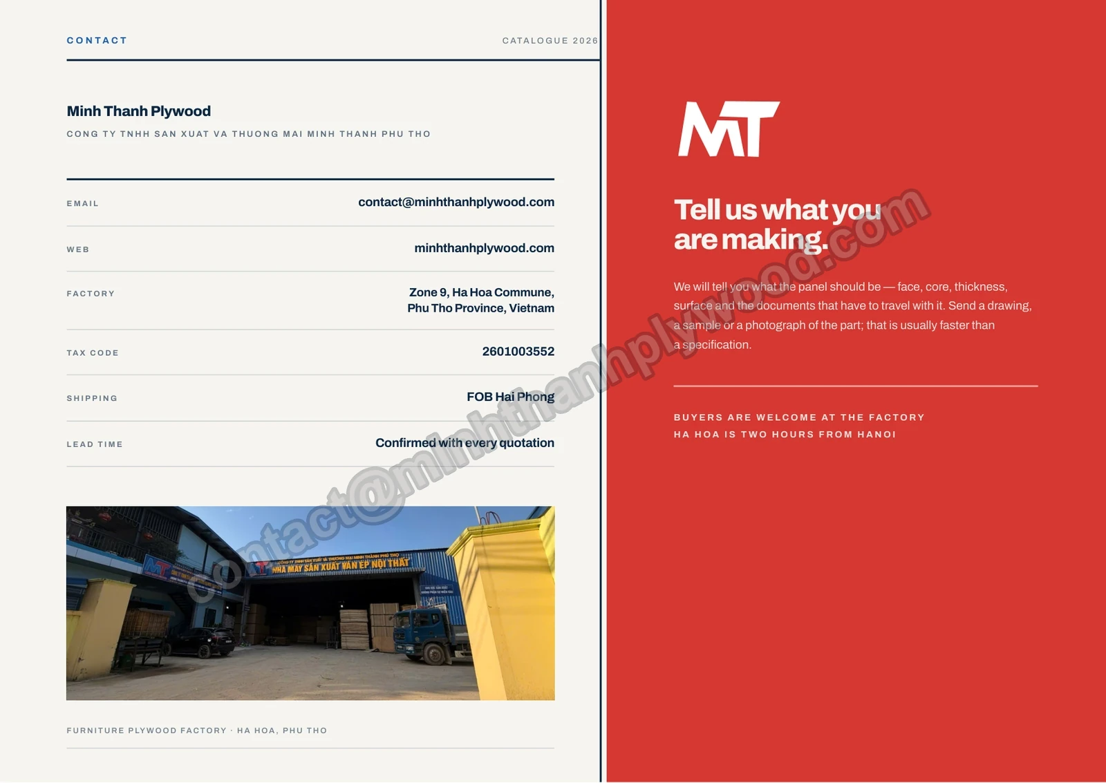 Page 10 of the Minh Thanh plywood catalogue 2026: contact