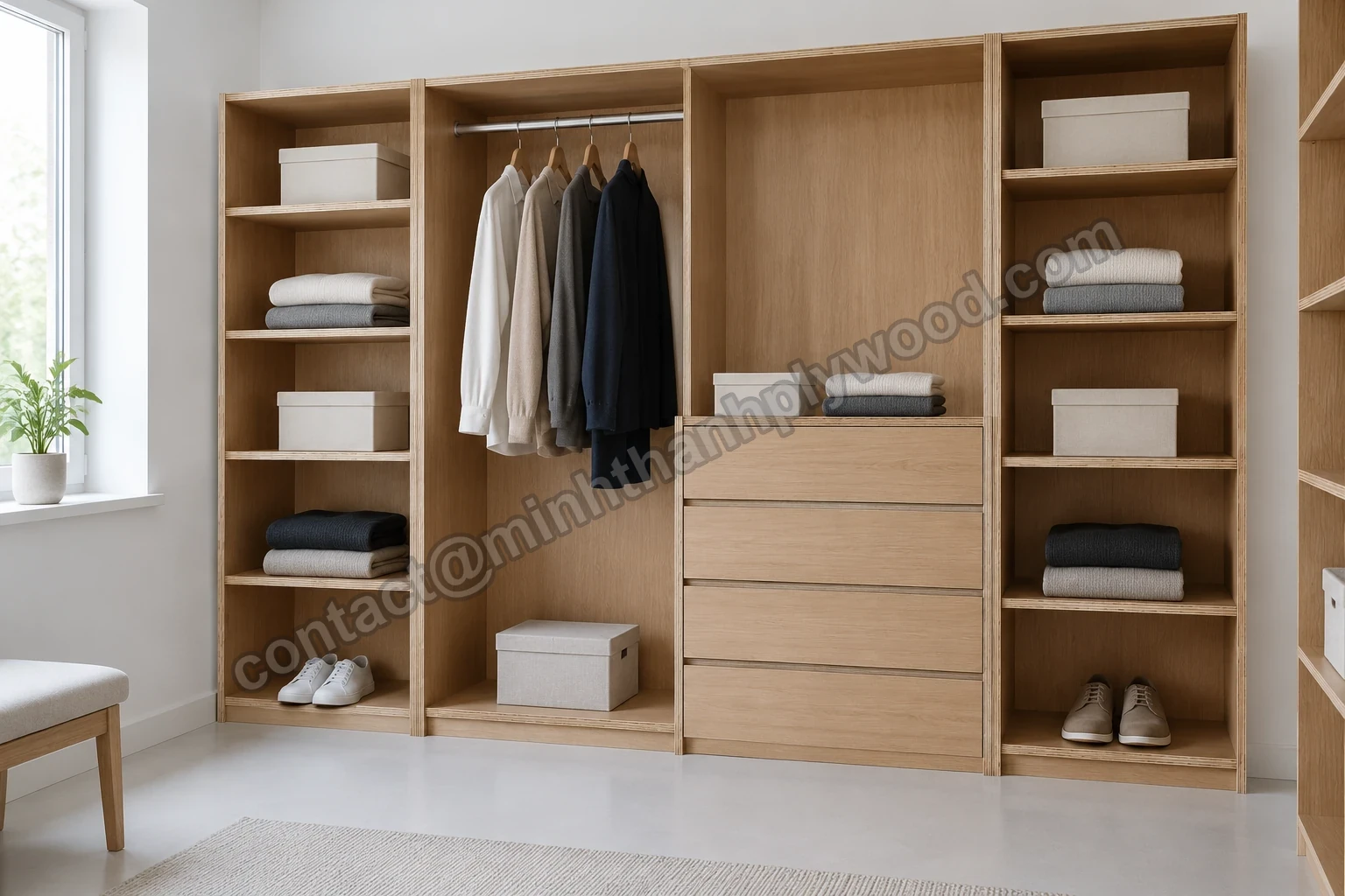 Een open garderobe met eikenlookfineer, planken, kledingstang en ladestapel, gelaagde randen zichtbaar aan elk plankfront