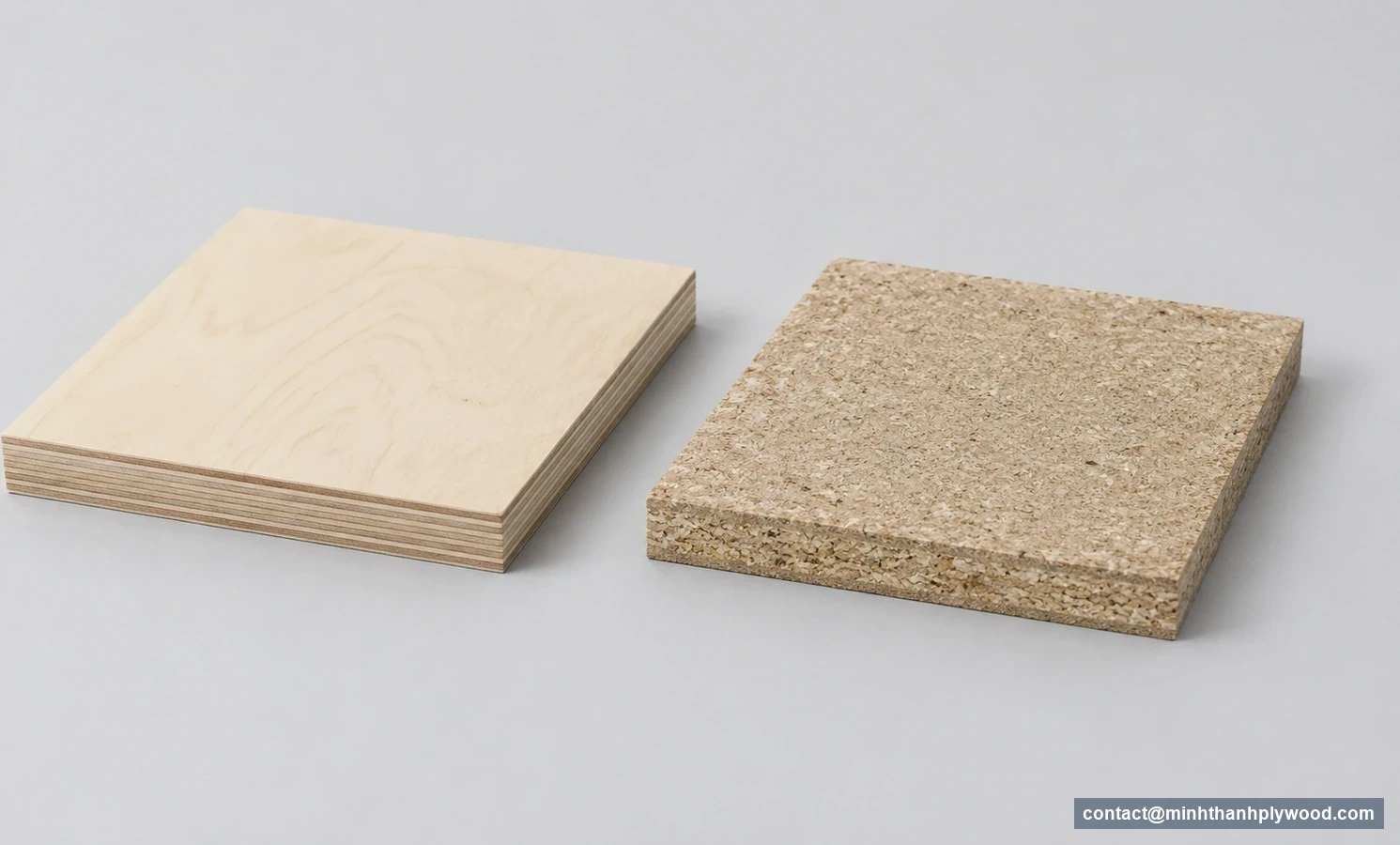 Particle board vs plywood: flat samples with a particle core and layered veneer edges