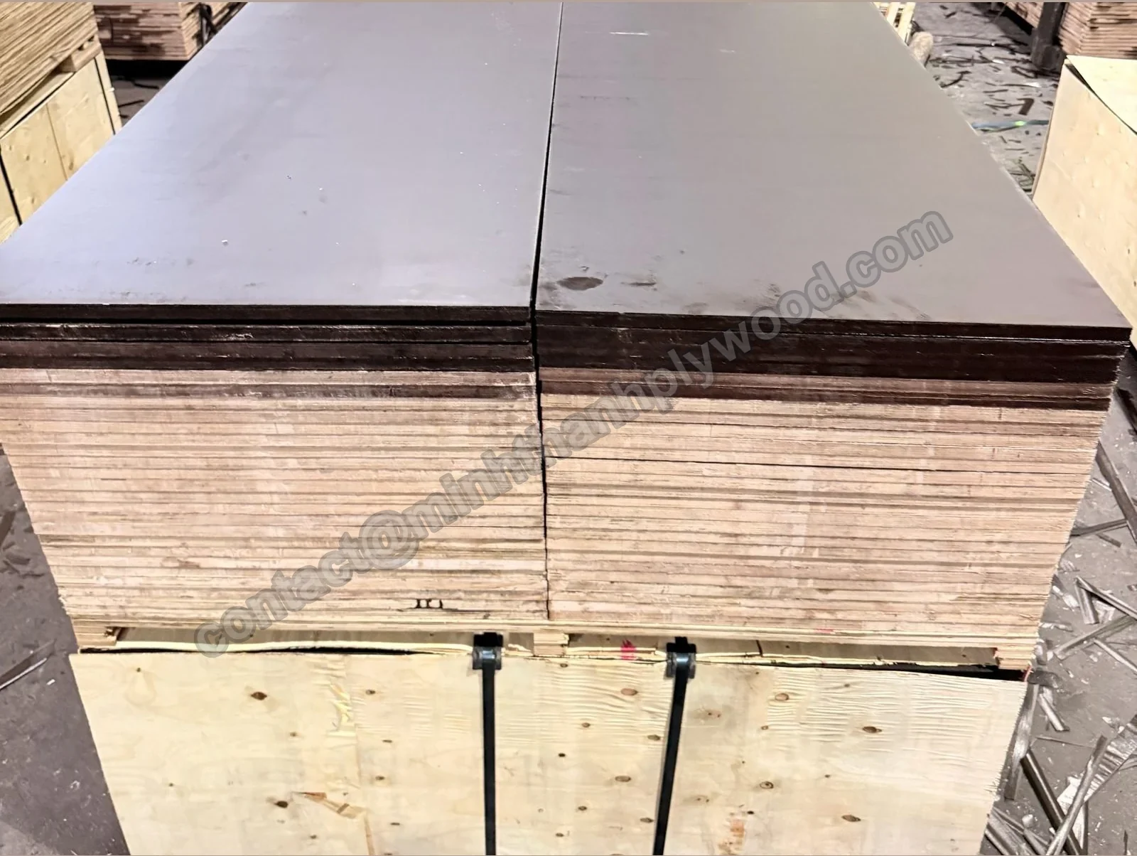 Film-faced plywood above a strapped pack, showing contact face and accessible veneer edges