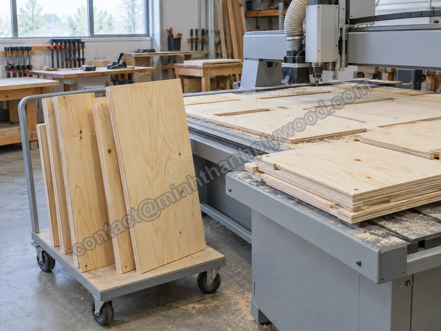 Grenen kastonderdelen op CNC-machine, gestapelde platen op wagen naast tafel