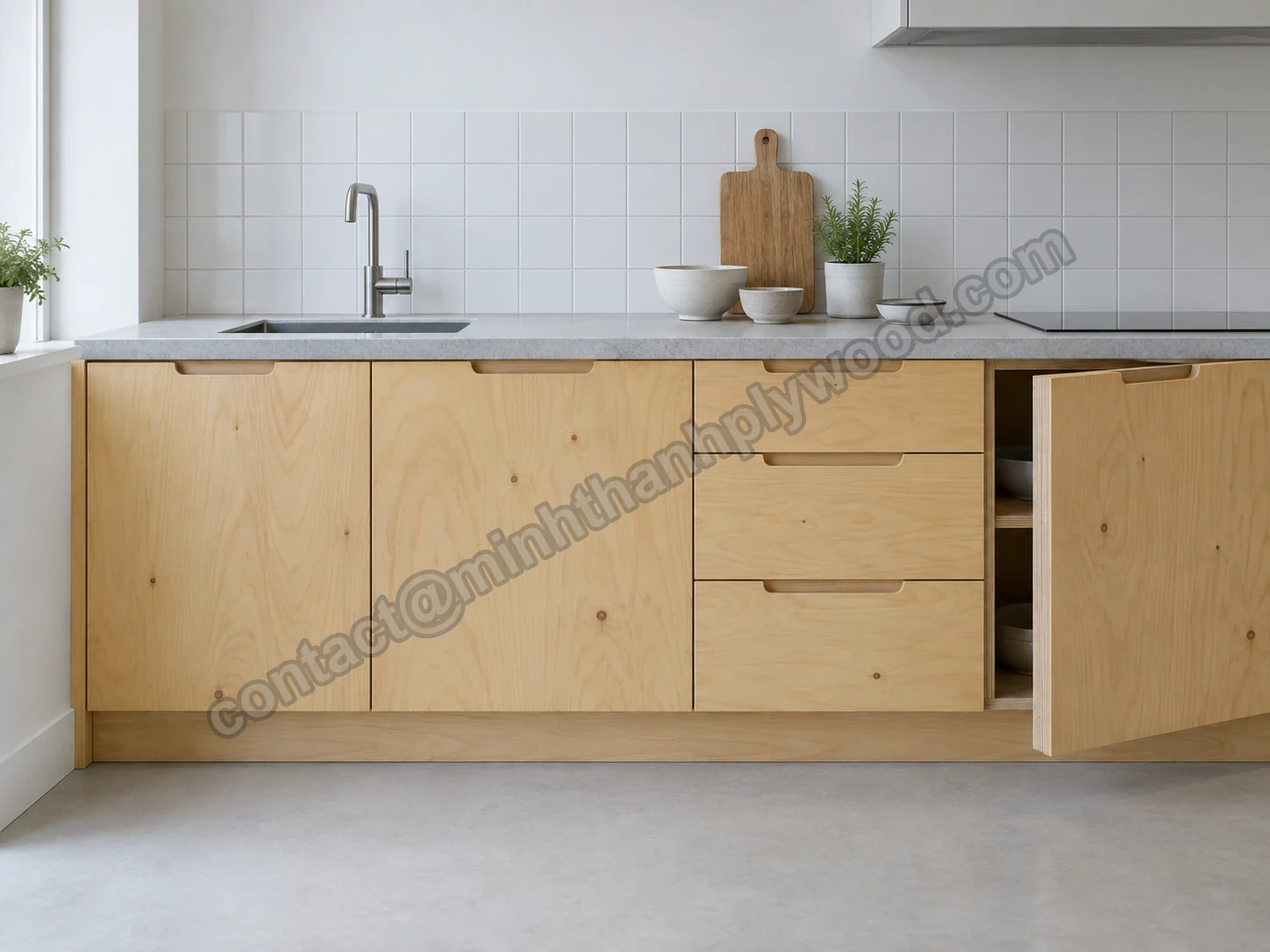 Keuken met licht honingkleurige grenen deuren en laden, één open deur toont lagenrand