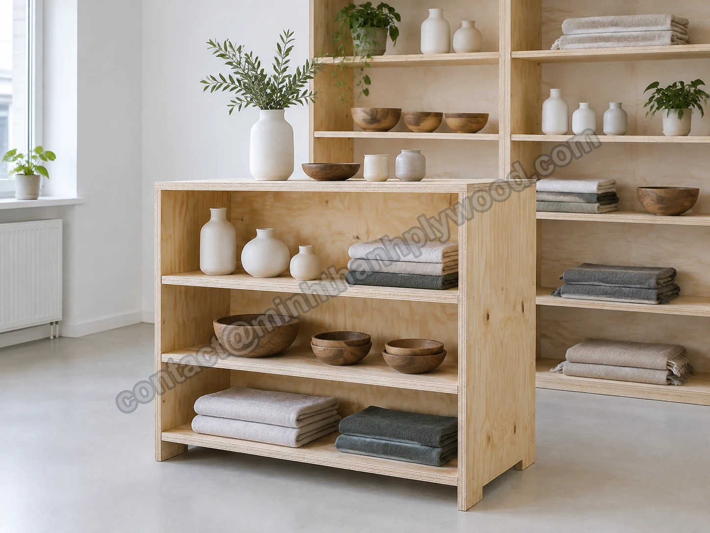 Open grenen legplanken en winkeldisplay met keramiek, kommen en textiel