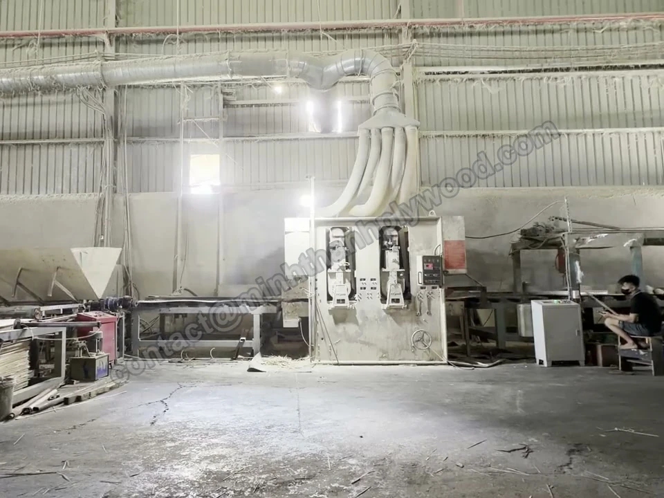 Calibrating sander line for pressed plywood cores in a production hall