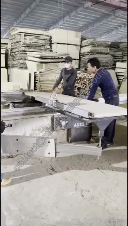 Opérateur guidant un panneau de contreplaqué sur la scie à panneaux de l'usine
