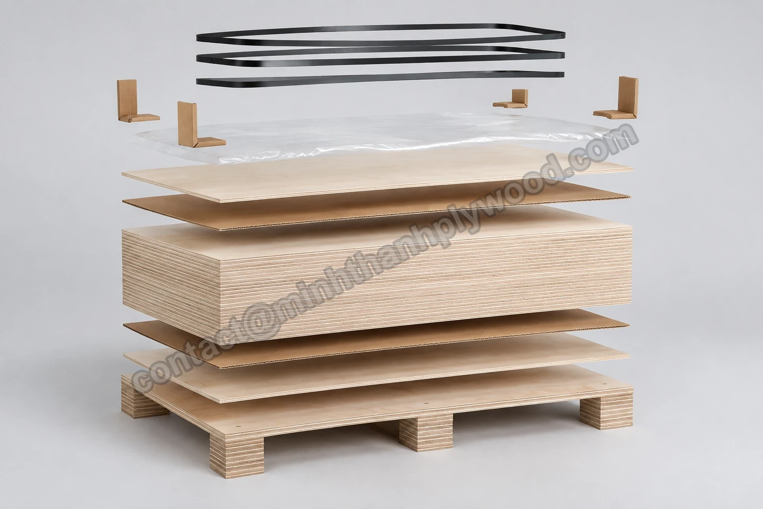 Exploded view of a plywood export pack: pallet on bearers, cover boards, cardboard, sheets, film, corner guards and straps