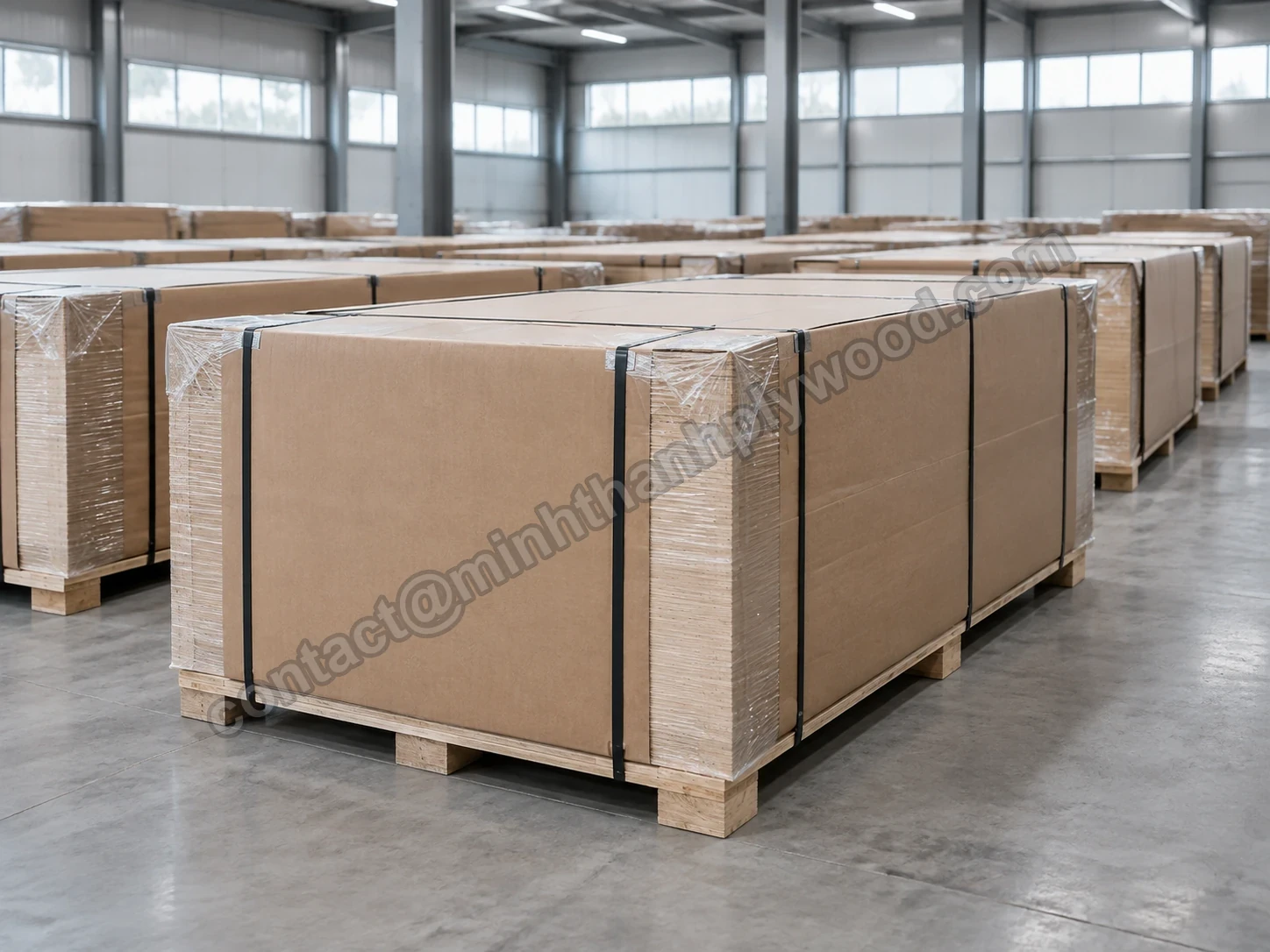 Rows of film-wrapped and strapped plywood packs on bearers in a dry warehouse