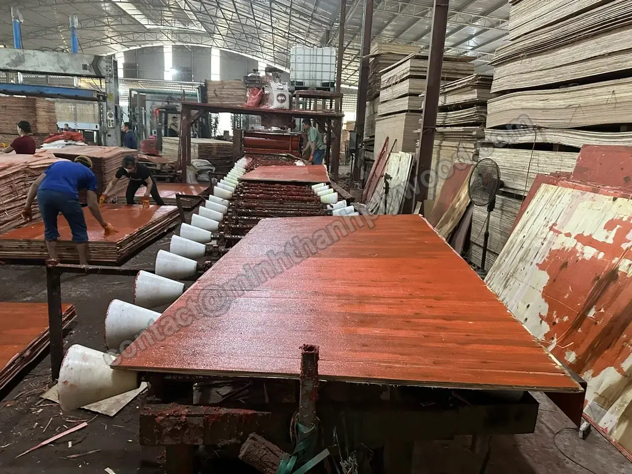 Panneau de contreplaqué encollé sur la table de sortie d’une ligne d’encollage, avec des opérateurs empilant les feuilles encollées à l’arrière