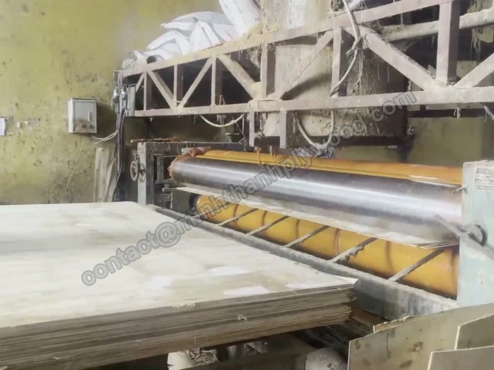 Roller glue spreader coating core veneer sheets for plywood production