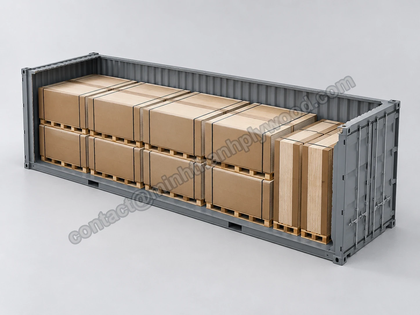 Leikkauskuva 40ft high-cube -kontista, jossa on 16 pahviin käärittyä vaneripakettia lappeellaan kahdessa kerroksessa sekä kaksi pakettia pystyssä ovien kohdalla