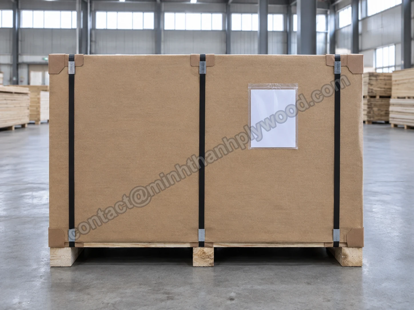 End of a kraft-covered plywood pack with a label sleeve and three steel straps