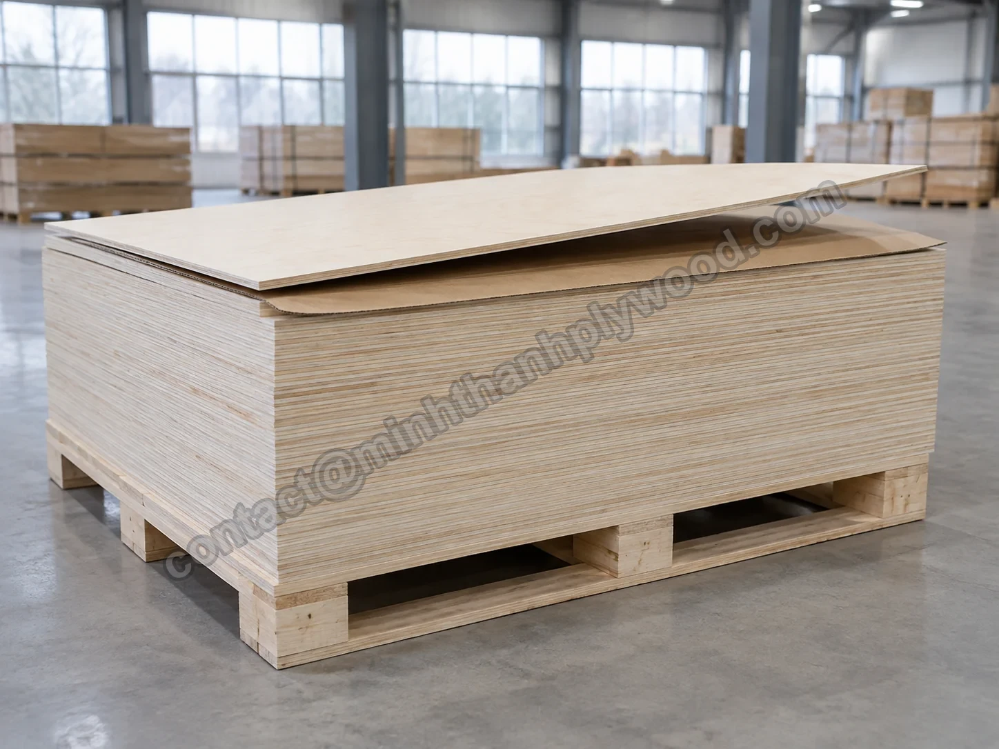 Kraft cardboard and a thin plywood cover board being laid on top of a plywood pack