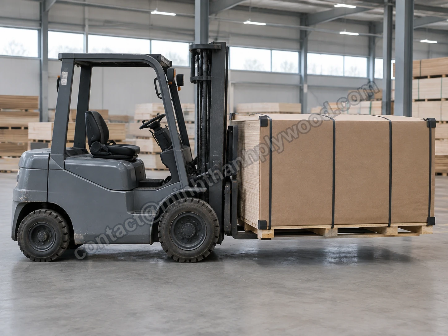 Forklift lifting a strapped, cardboard-covered plywood pack by its pallet bearers